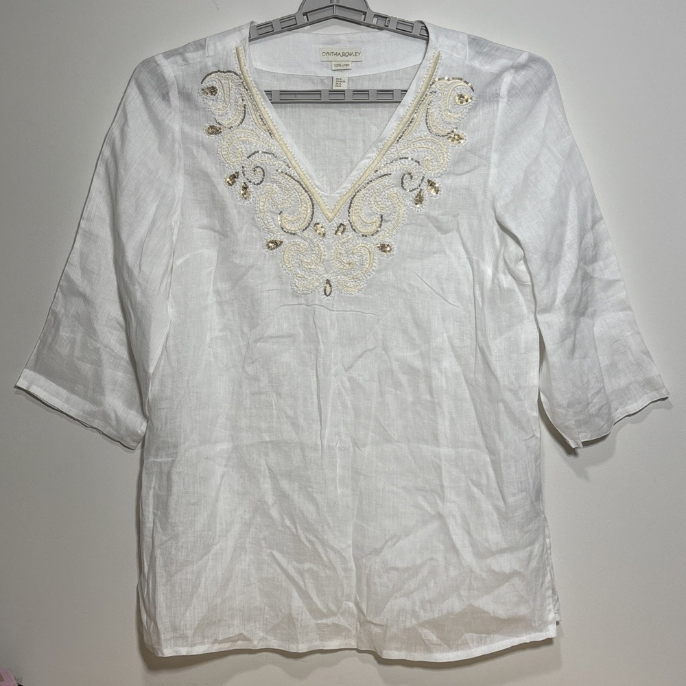 Cynthia‎ Rowley White Linen Tunic Top Coastal Grandma Cowgirl Beaded Neckline XL